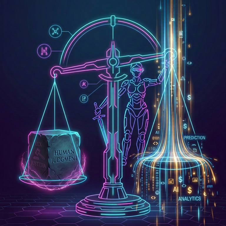 Scale with stone marked 'Judgment Tradition' on one side and glowing digital AI, data, analytics symbols on the other
